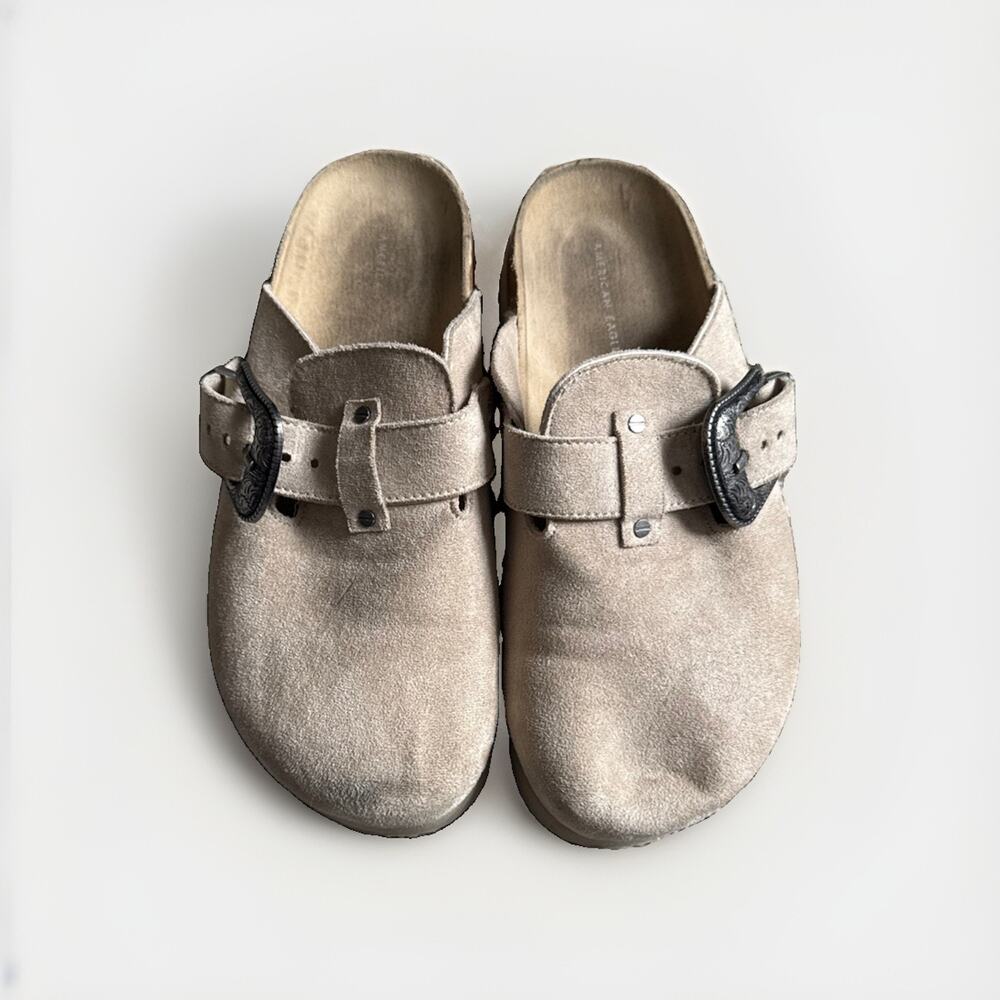 American Eagle Suede Mules Cork Platform Slip On Buckle Shoes Size 7 Fall